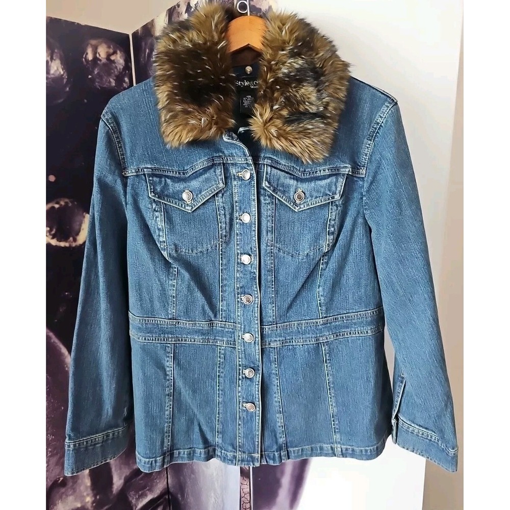 STYLE&CO WOMAN Blue‎ Jean Denim Jacket w/ Removable Faux Fur Collar Size 16W